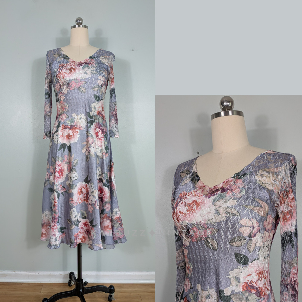 Komarov Midi Dress L Purple Pink Floral Long Sleeve Lace Crinkle Artsy Satin USA